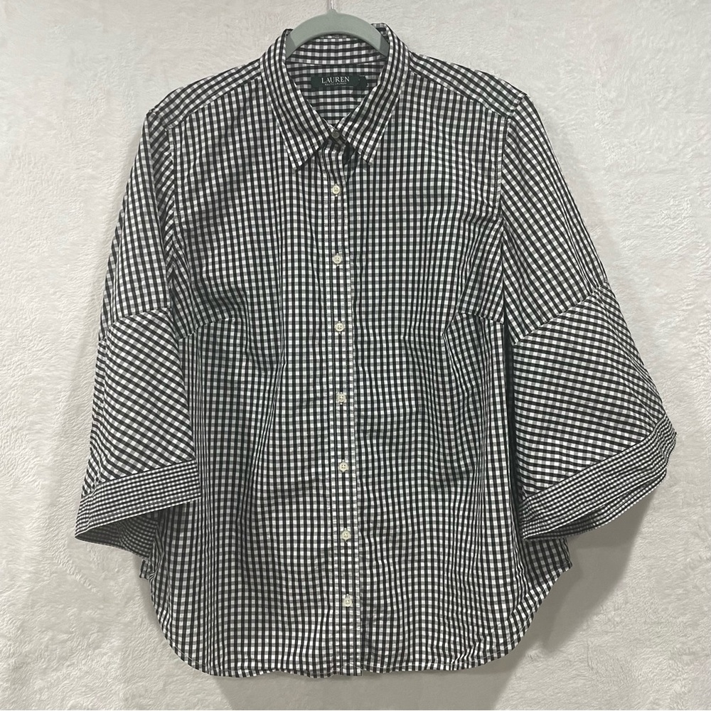 Lauren By Ralph Lauren Gingham Checked Button Down W/Trumpet Sleeves